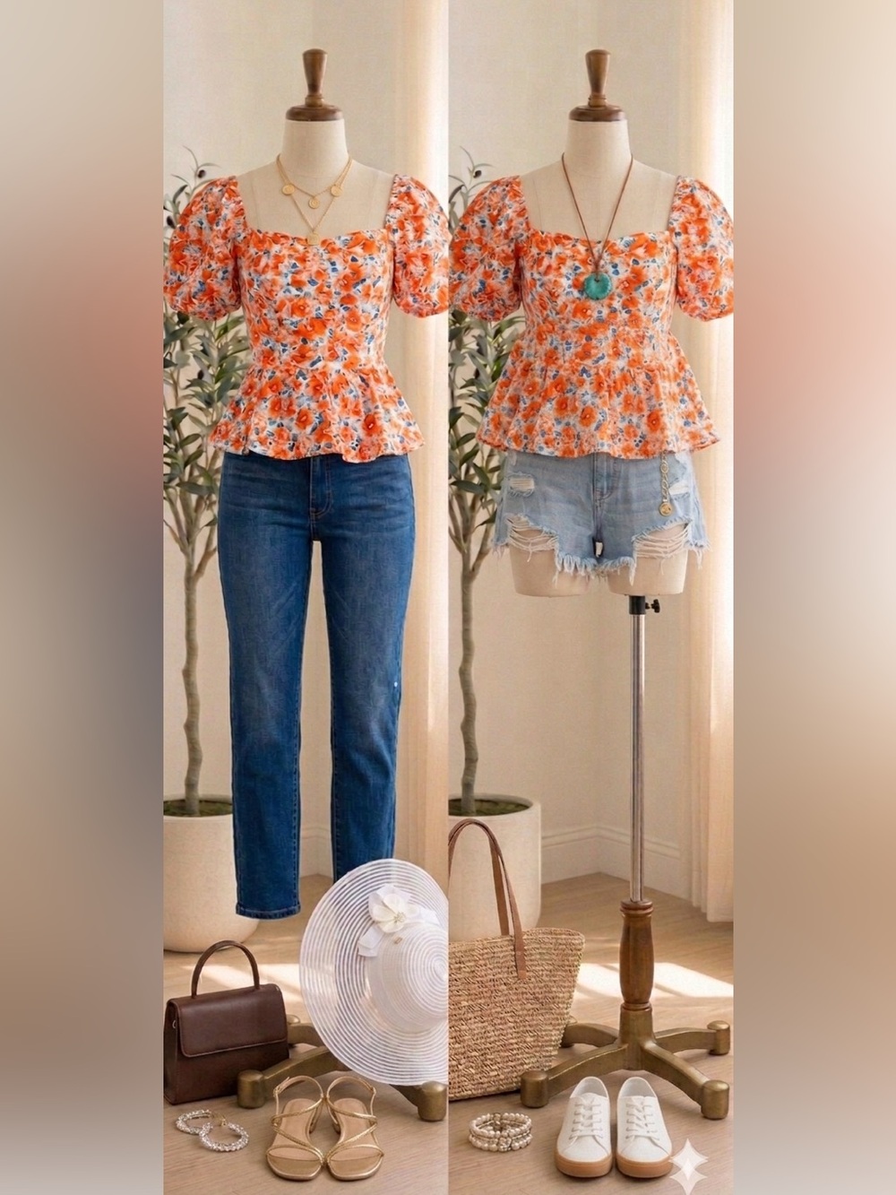 Orange Floral Puff-Sleeve Peplum Top